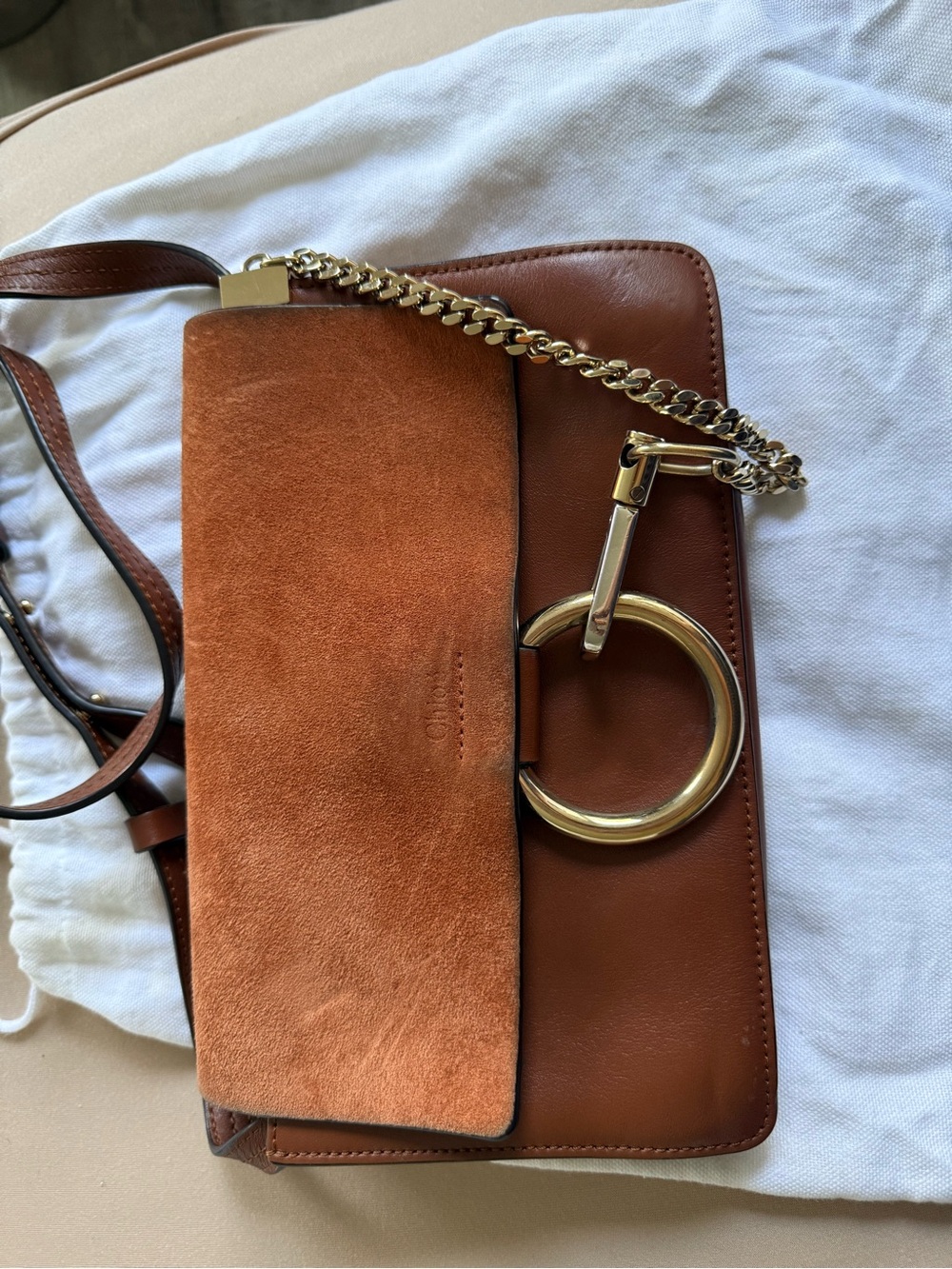 Chloé Brown Leather & Suede Crossbody with Gold Ring - Picture 3 of 3